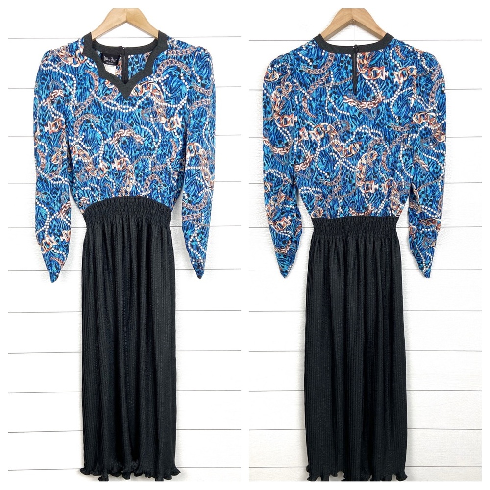 Diane Freis 80s Vintage Blue Black Pearl Chain Link Dress Pleated Midi
